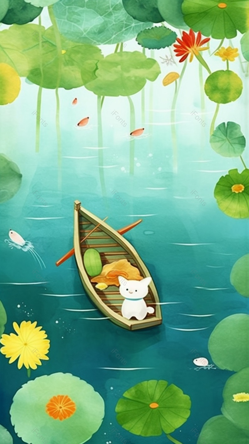 鱼儿游动的夏日荷塘上漂浮的小舟与小白猫创意手绘插画,插画/手绘图,插画/手绘图库,插画/手绘图下载,插画/手绘